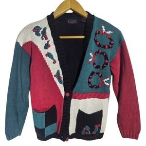 Vtg Christmas Ugly Sweater Cardigan Holly Wreath Colorblock Novelty Small Pocket